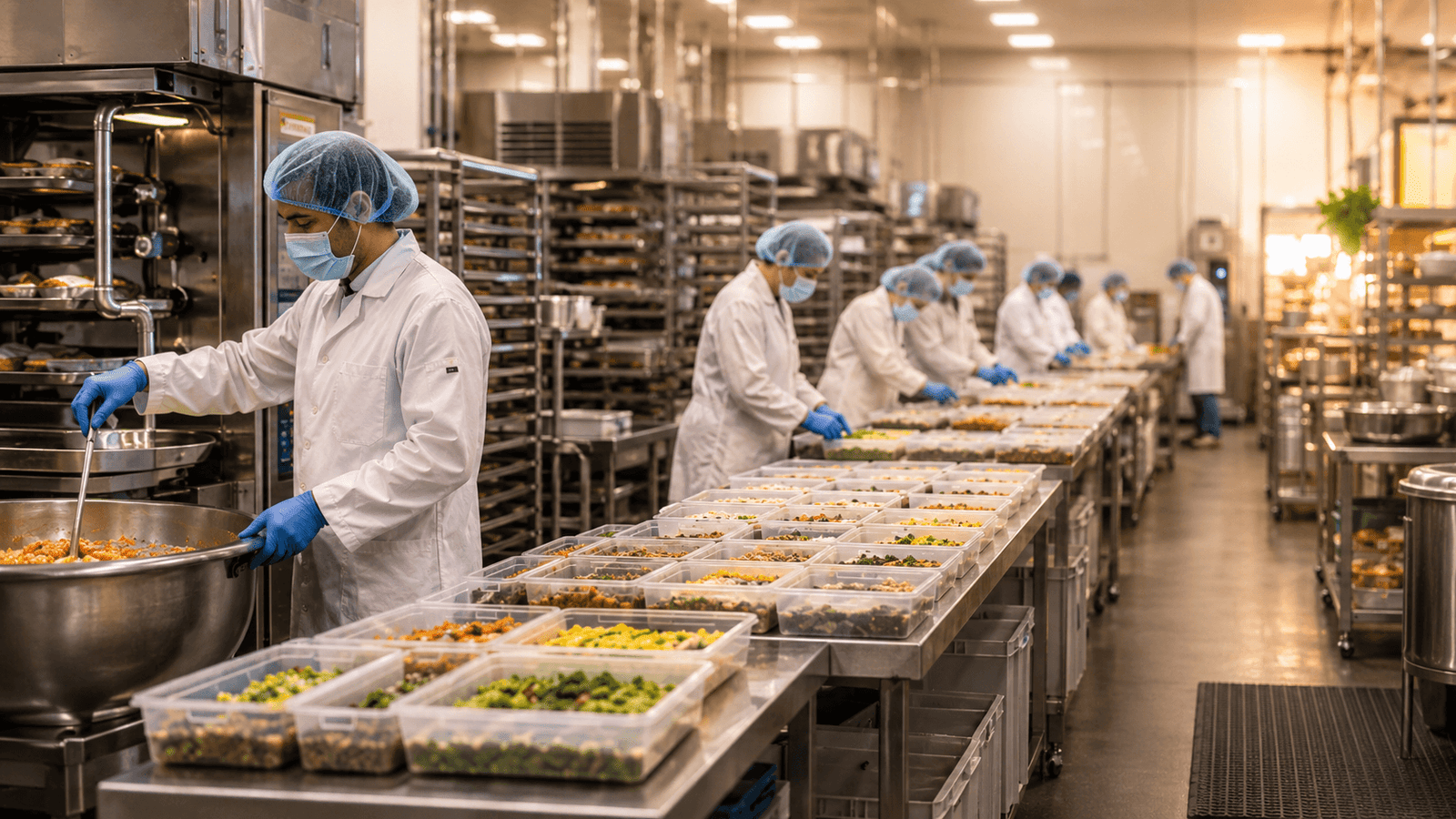 Food production team preparing packaged meals